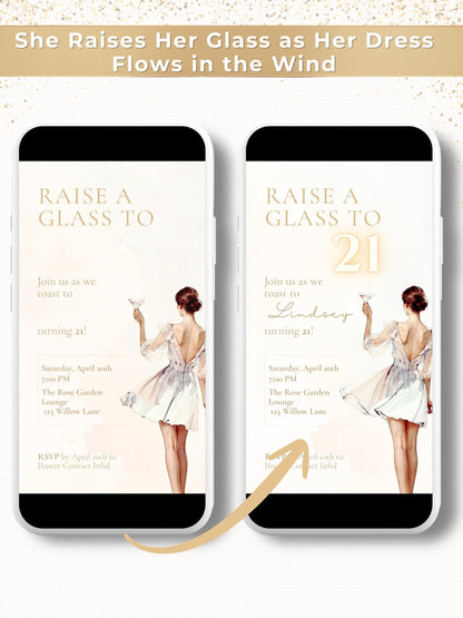 Animated 21st Birthday Invitation (Instant Download Editable Canva Template) Raise a Glass Champagne Theme Evite for WhatsApp or Text