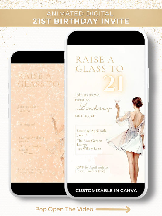 Animated digital 21st birthday invitation displayed on two smartphones, featuring a watercolor woman raising a glass with champagne bubbles animation and customizable Canva template