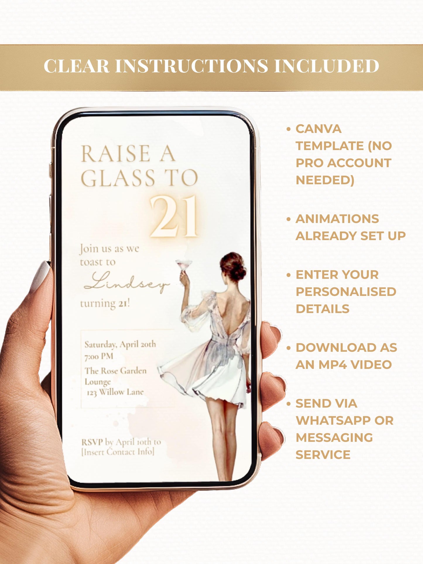 Animated 21st Birthday Invitation (Instant Download Editable Canva Template) Raise a Glass Champagne Theme Evite for WhatsApp or Text