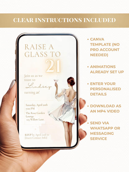 Animated 21st Birthday Invitation (Instant Download Editable Canva Template) Raise a Glass Champagne Theme Evite for WhatsApp or Text