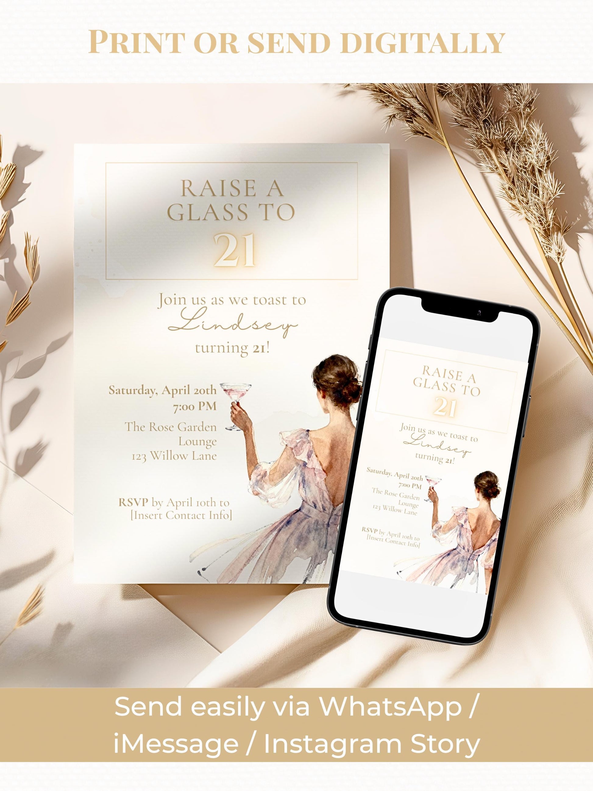 21st Birthday Invitation (Editable Instant Download Canva Template) - Raise a Glass Champagne Printable - Digital Invite Customizable Evite