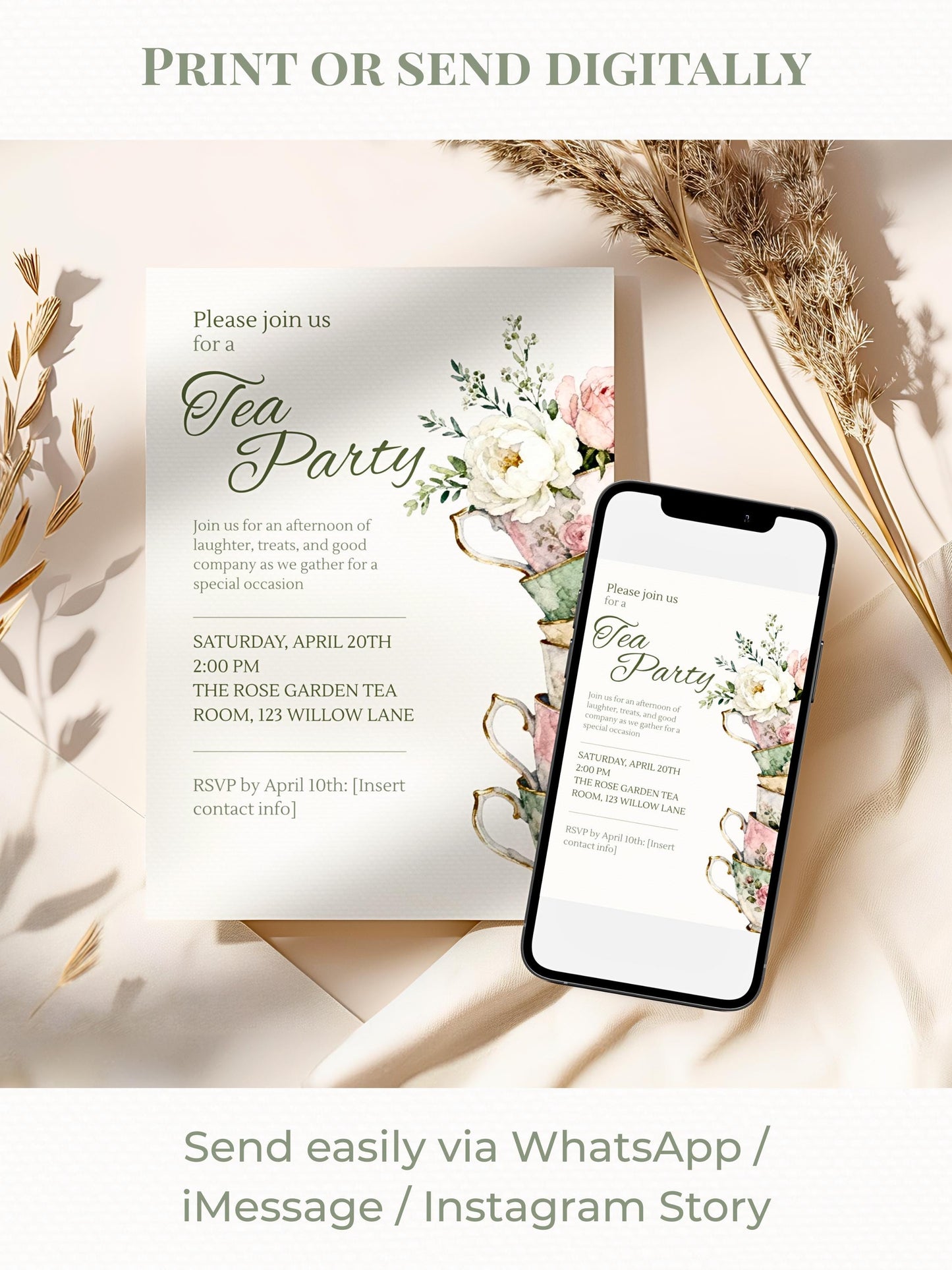 Tea Party Invitation Template, Editable Canva Invite, Floral Teacup Printable, Garden Party, Bridal Evite, Baby Shower, Instant Download