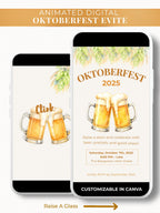 Animated digital Oktoberfest invitation with watercolor clinking beer mugs, hops and wheat garland, and editable party details in Canva