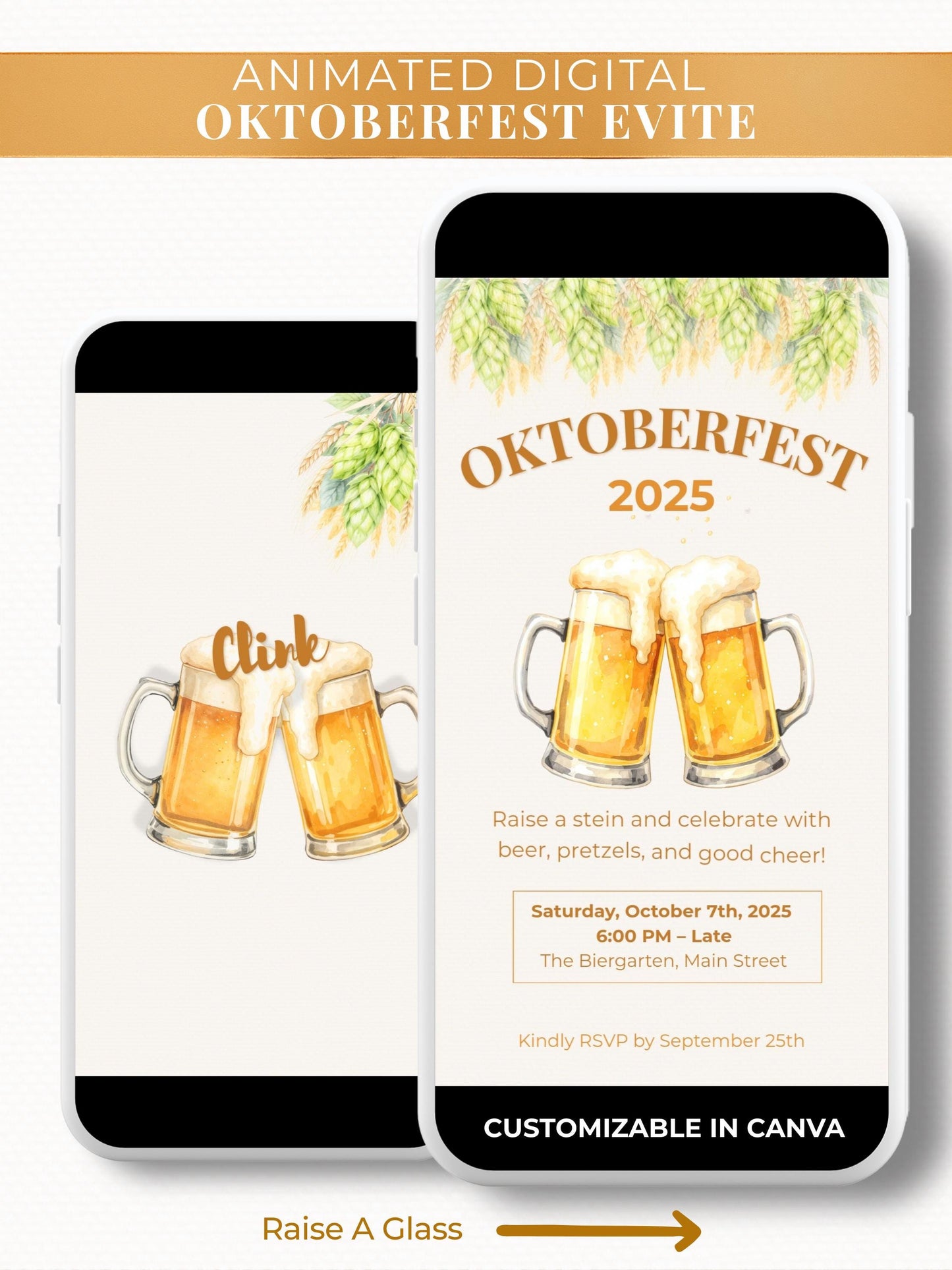 Animated digital Oktoberfest invitation with watercolor clinking beer mugs, hops and wheat garland, and editable party details in Canva