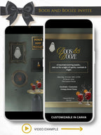 Boos and Booze animated Halloween party evite showing haunted gallery wall with flickering ghost, candle, spooky handprint and cocktails on table, customizable in Canva
