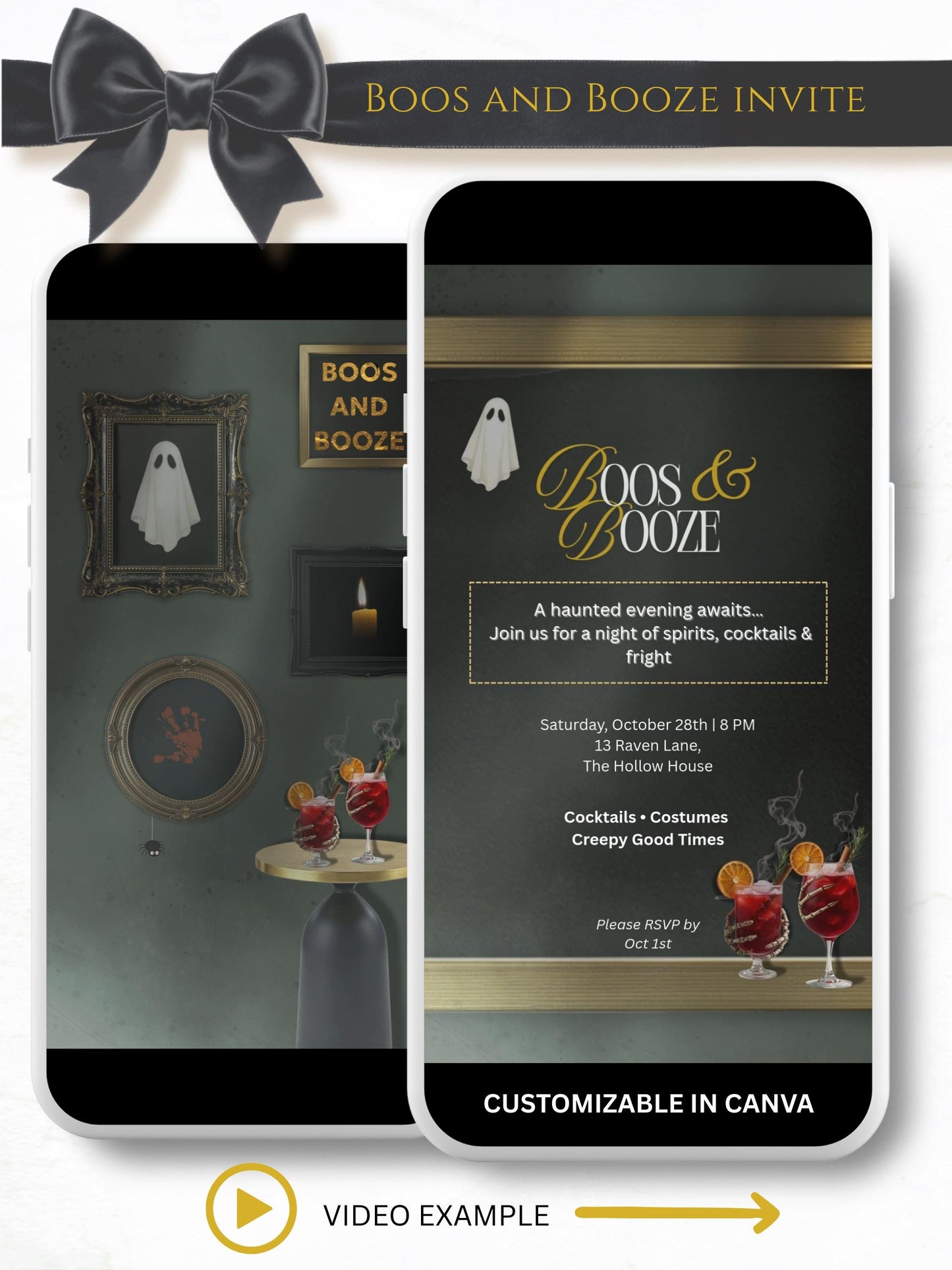 Boos and Booze animated Halloween party evite showing haunted gallery wall with flickering ghost, candle, spooky handprint and cocktails on table, customizable in Canva