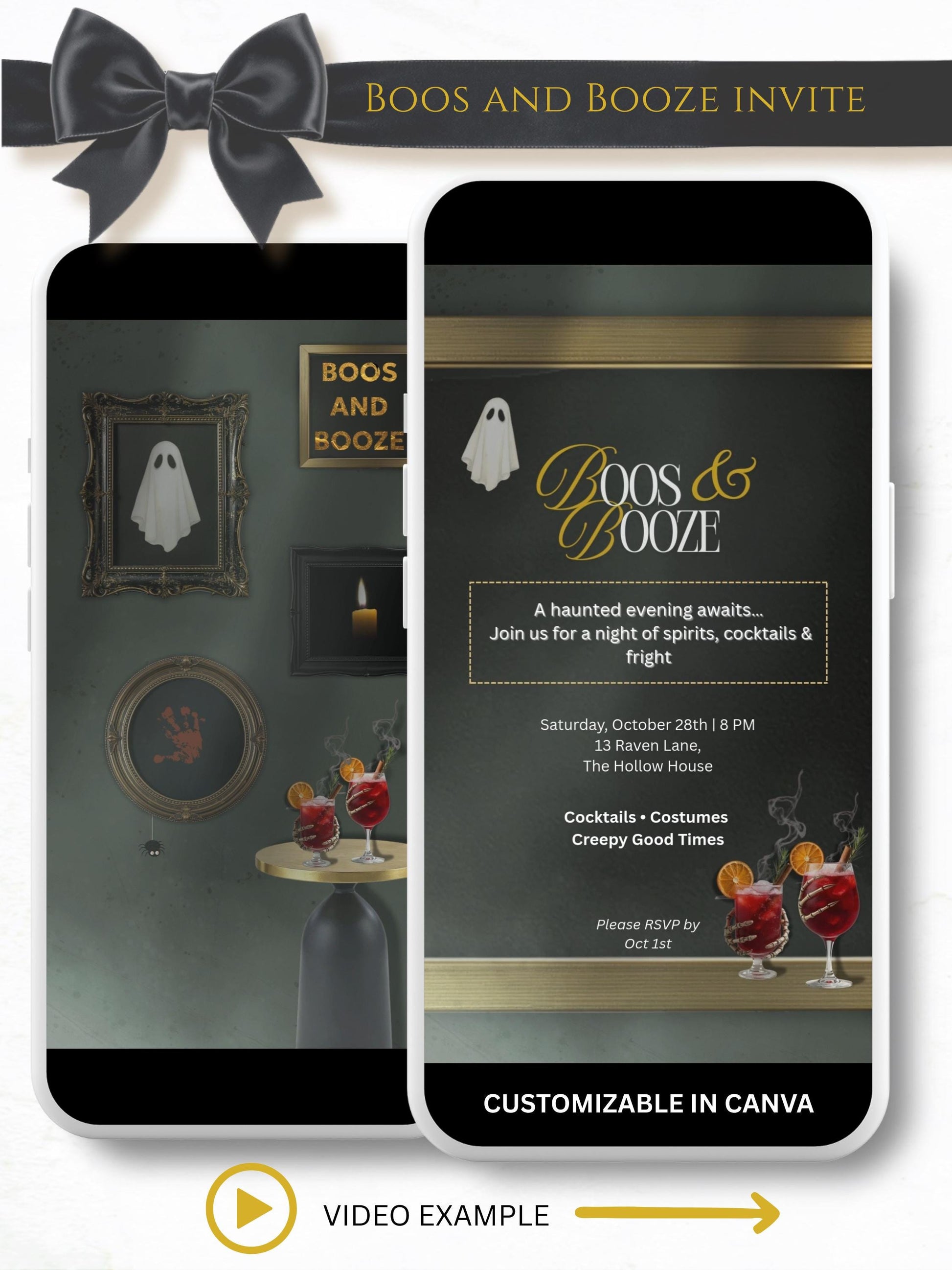 Boos and Booze animated Halloween party evite showing haunted gallery wall with flickering ghost, candle, spooky handprint and cocktails on table, customizable in Canva