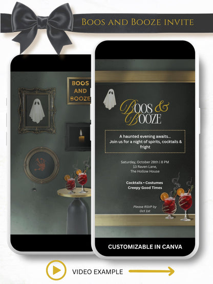 Boos and Booze animated Halloween party evite showing haunted gallery wall with flickering ghost, candle, spooky handprint and cocktails on table, customizable in Canva