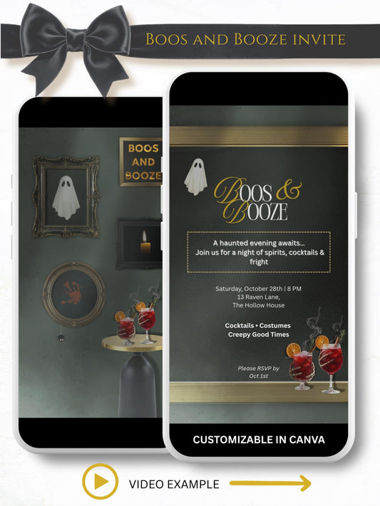 Boos and Booze animated Halloween party evite showing haunted gallery wall with flickering ghost, candle, spooky handprint and cocktails on table, customizable in Canva