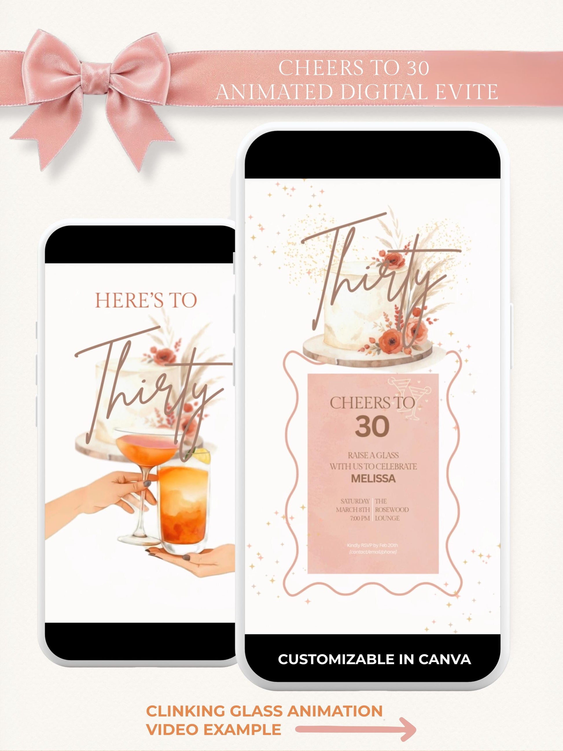 Animated 30th birthday invitation template — digital evite with clinking glasses, champagne gold envelope animation, watercolor cake and floral design — editable in Canva and downloadable as MP4 video