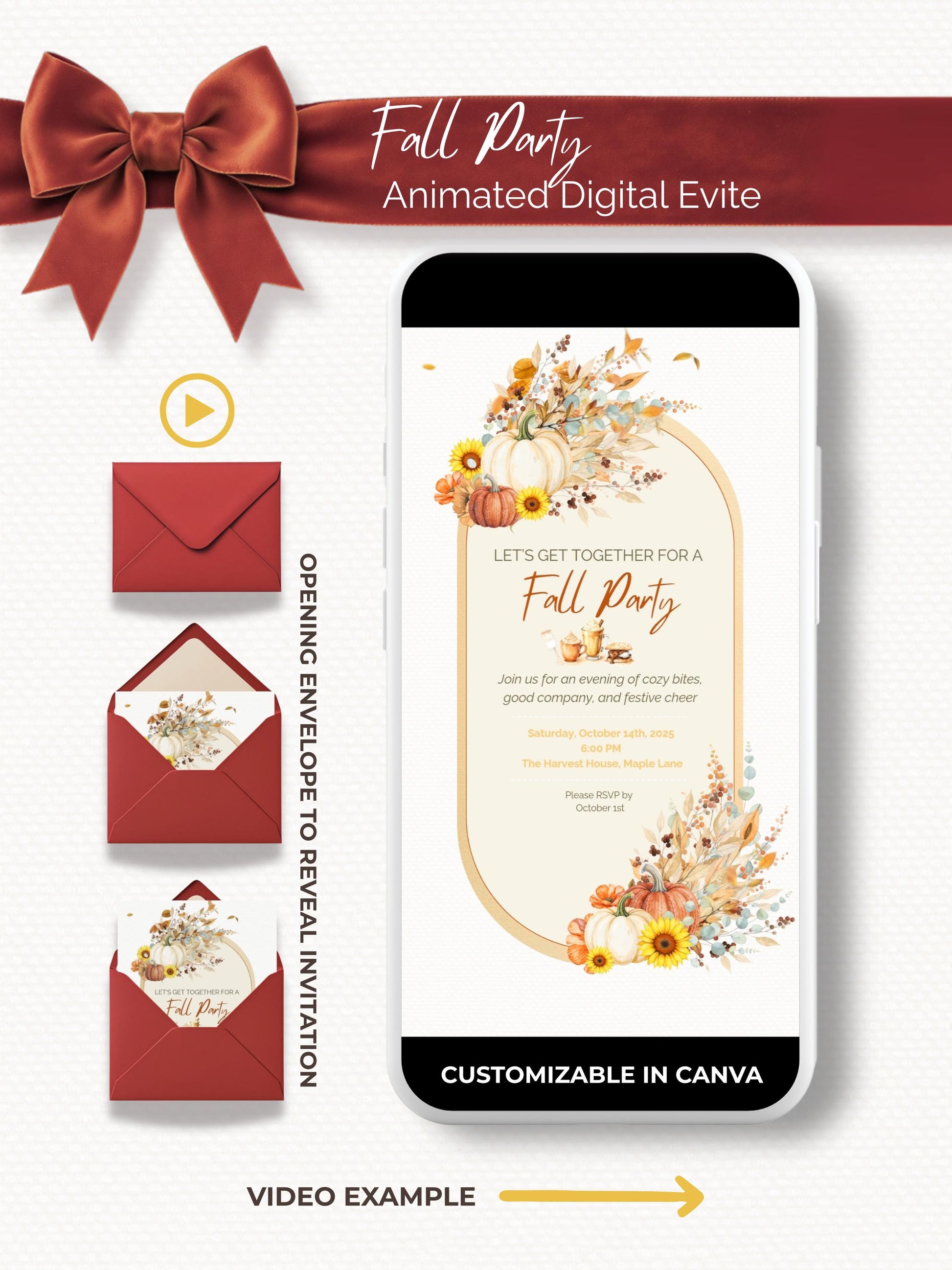 Animated Fall Party invitation with envelope reveal, falling leaves, and watercolor pumpkins, florals, and cozy latte illustration, editable in Canva