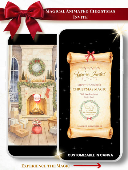 Animated Christmas party evite template with watercolor fireplace, Santa sack, enchanted scroll invitation and sleigh animation, customizable in Canva