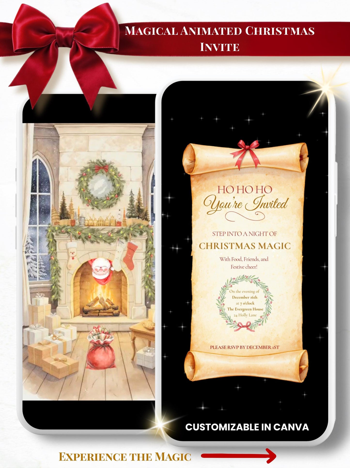Animated Christmas party evite template with watercolor fireplace, Santa sack, enchanted scroll invitation and sleigh animation, customizable in Canva