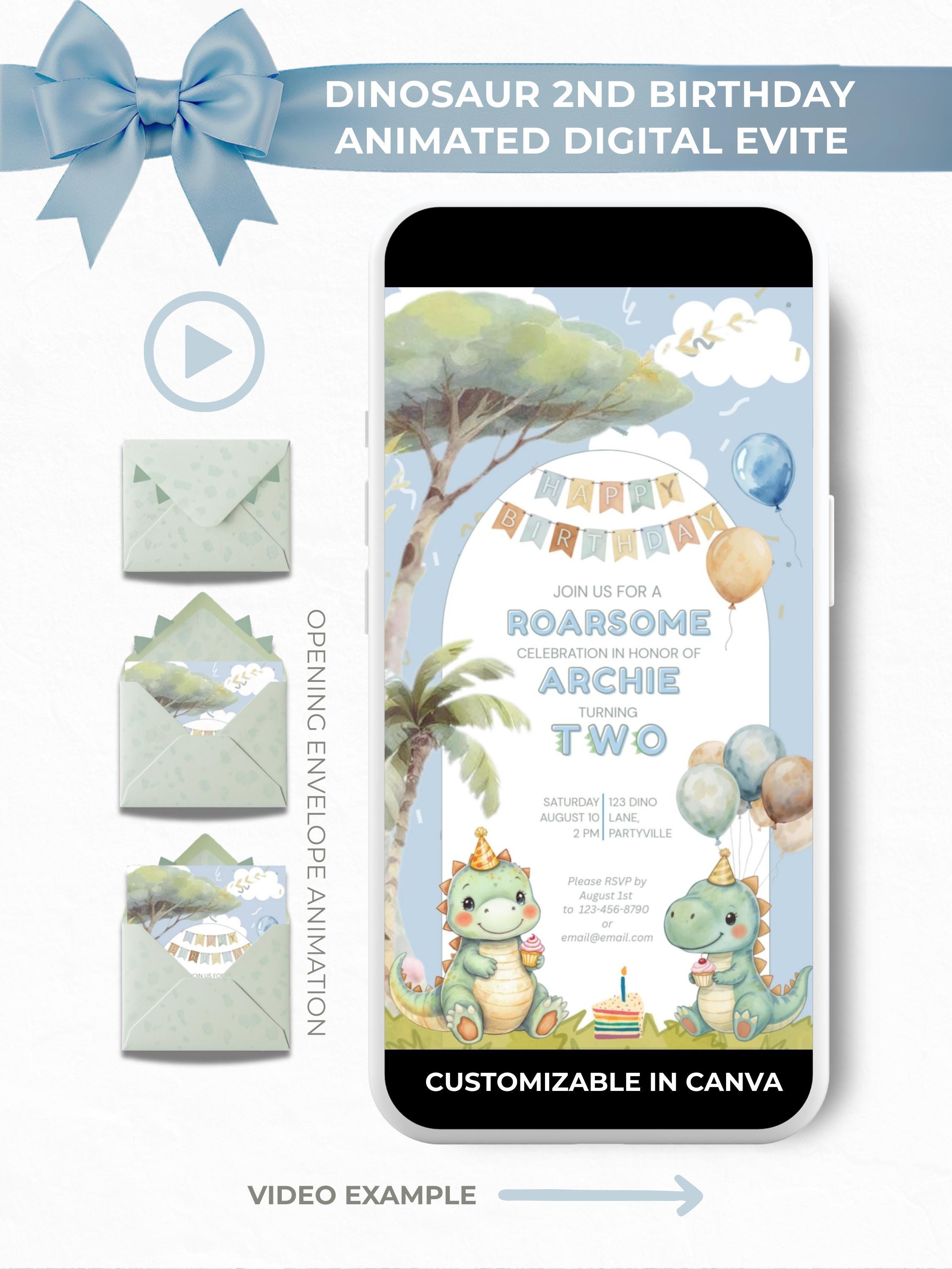 2nd Dinosaur Birthday animated digital evite displayed on a phone mockup with envelope animation preview and two cute cartoon dinosaurs holding cupcakes, customizable in Canva