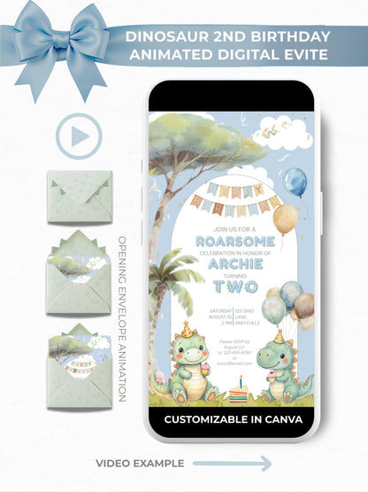 2nd Dinosaur Birthday animated digital evite displayed on a phone mockup with envelope animation preview and two cute cartoon dinosaurs holding cupcakes, customizable in Canva