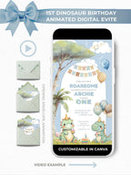 1st Dinosaur Birthday animated digital evite displayed on a phone mockup with envelope animation preview and two cute cartoon dinosaurs holding cupcakes, customizable in Canva