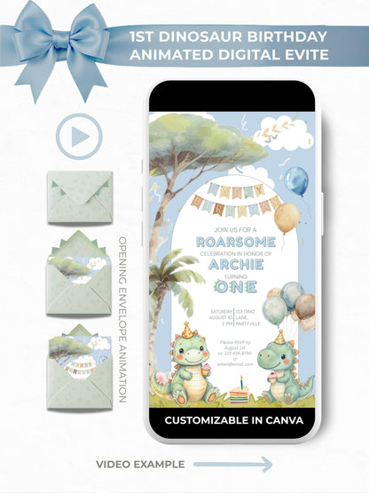 1st Dinosaur Birthday animated digital evite displayed on a phone mockup with envelope animation preview and two cute cartoon dinosaurs holding cupcakes, customizable in Canva