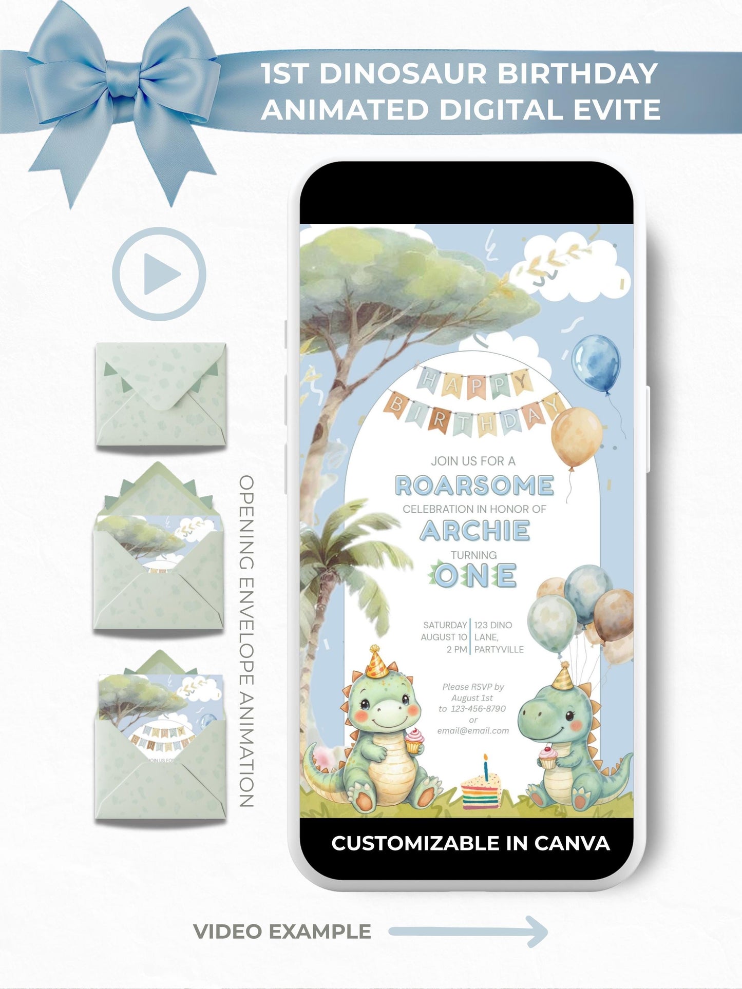 1st Dinosaur Birthday animated digital evite displayed on a phone mockup with envelope animation preview and two cute cartoon dinosaurs holding cupcakes, customizable in Canva