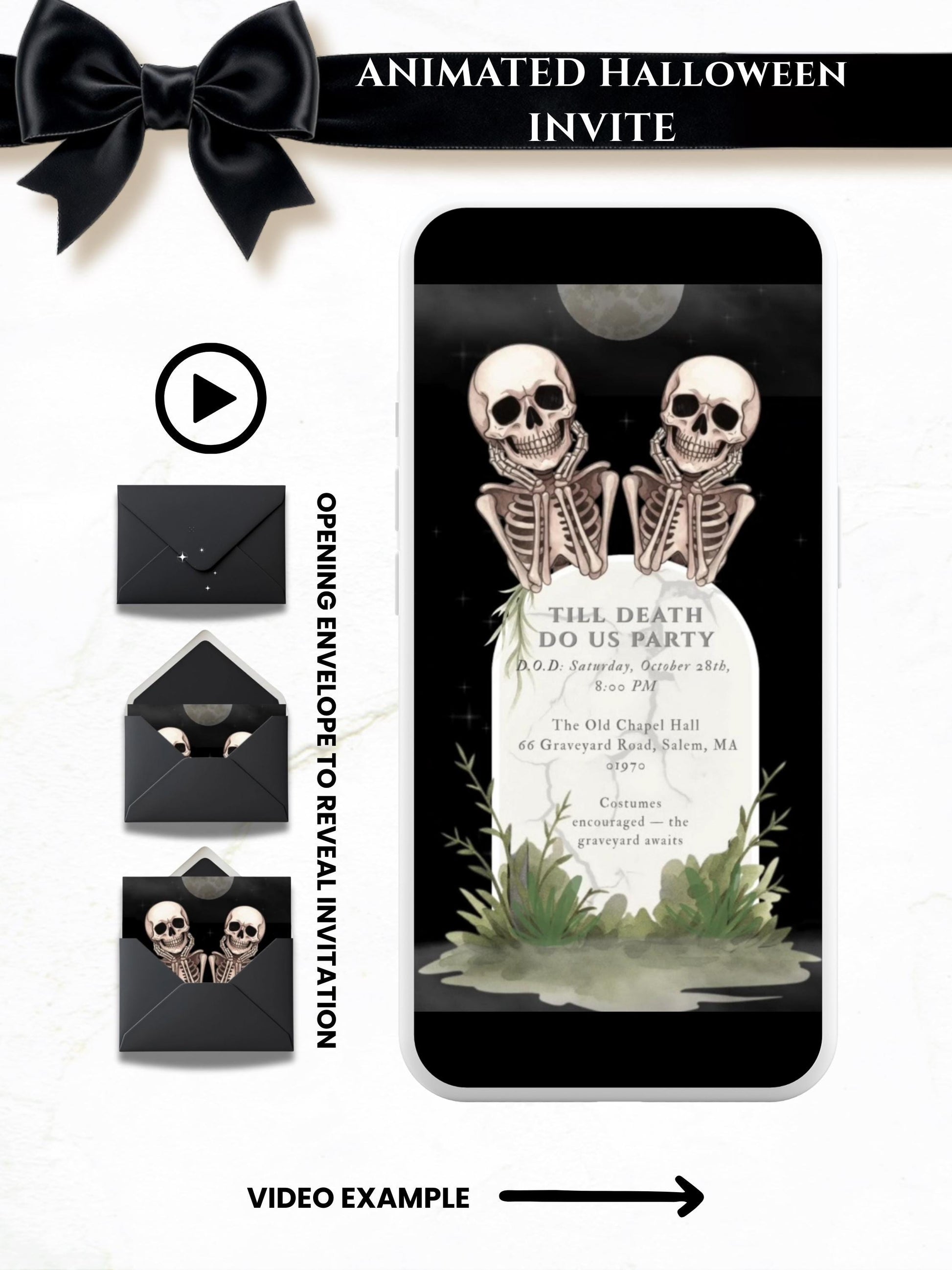 Animated Halloween evite featuring skeletons leaning on a gravestone with moon, fog, and stars, customizable in Canva