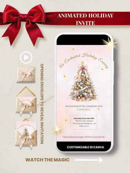 Elegant animated Christmas holiday evite mockup featuring a digital invitation on a smartphone with a festive Christmas tree design, red velvet ribbon banner reading ‘Animated Holiday Invite,’ and customizable text in Canva
