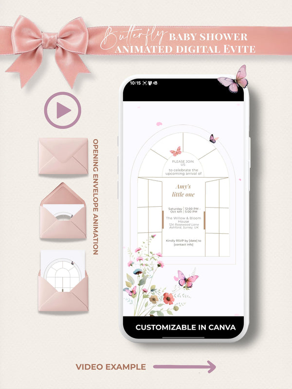 Animated butterfly baby shower digital invitation displayed on smartphone with blush pink envelope mockup, customizable Canva template, floral design, editable text, video evite for virtual or in-person baby showers
