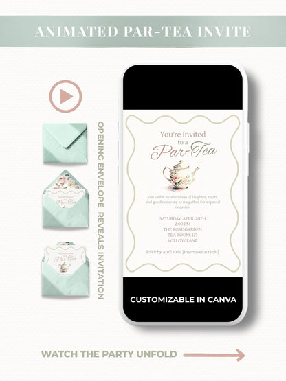 Animated tea party invitation displayed on a smartphone screen with elegant watercolor floral design. The evite features a mint green envelope with a floral liner opening to reveal the invitation text, customizable in Canva and perfect for birthdays, bridal showers, or garden parties