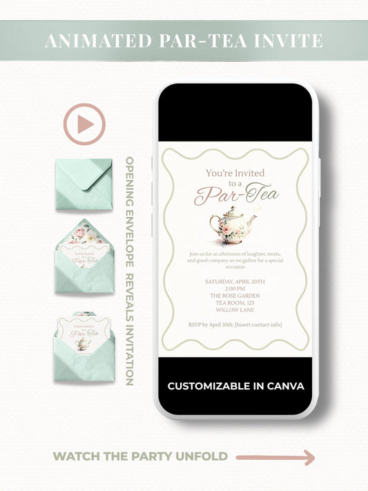 Animated tea party invitation displayed on a smartphone screen with elegant watercolor floral design. The evite features a mint green envelope with a floral liner opening to reveal the invitation text, customizable in Canva and perfect for birthdays, bridal showers, or garden parties