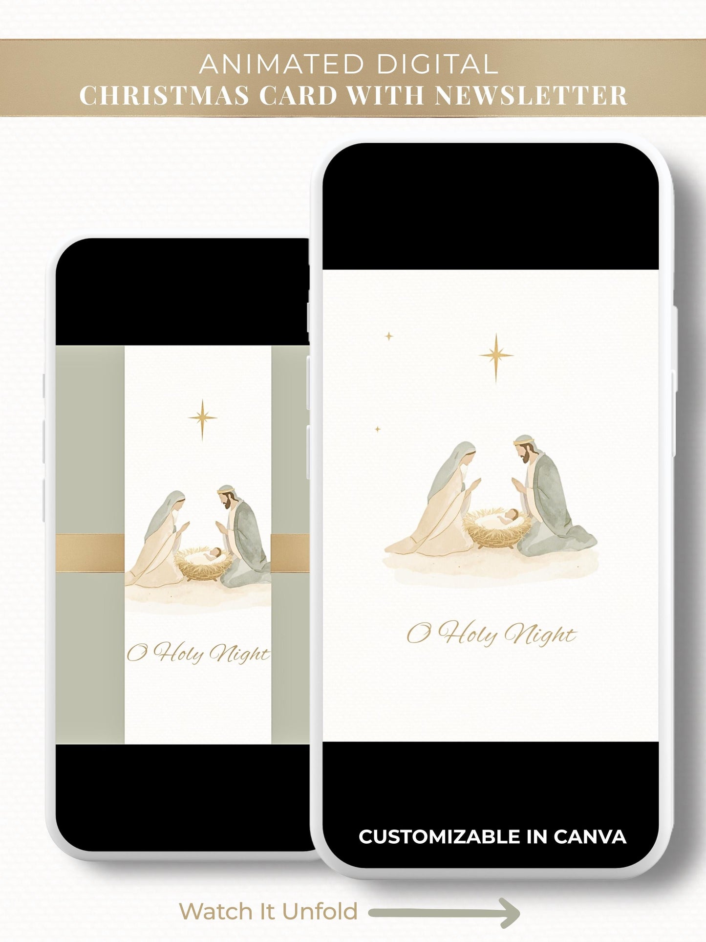 Nativity scene animated Christmas card with o holy night written on it. Opens to reveal the card and newsletter with family photo. Customizable canva template that plays music and can be sent digitally.