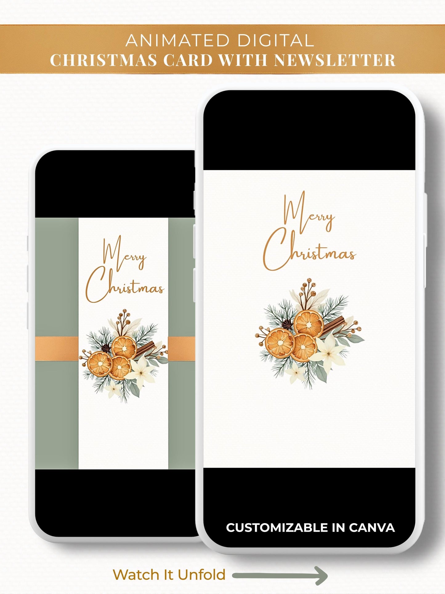 Merry Christmas animated digital card with botanical modern oranges, flowers and greenery. Canva template that opens to reveal card with family newsletter and update photo.