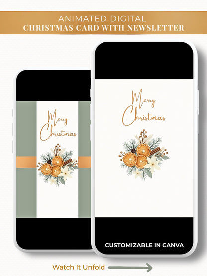 Merry Christmas animated digital card with botanical modern oranges, flowers and greenery. Canva template that opens to reveal card with family newsletter and update photo.