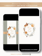 Merry and bright botanical orange wreath animated digital Christmas card. Editable in canva with a customizable family newsletter and photo update.