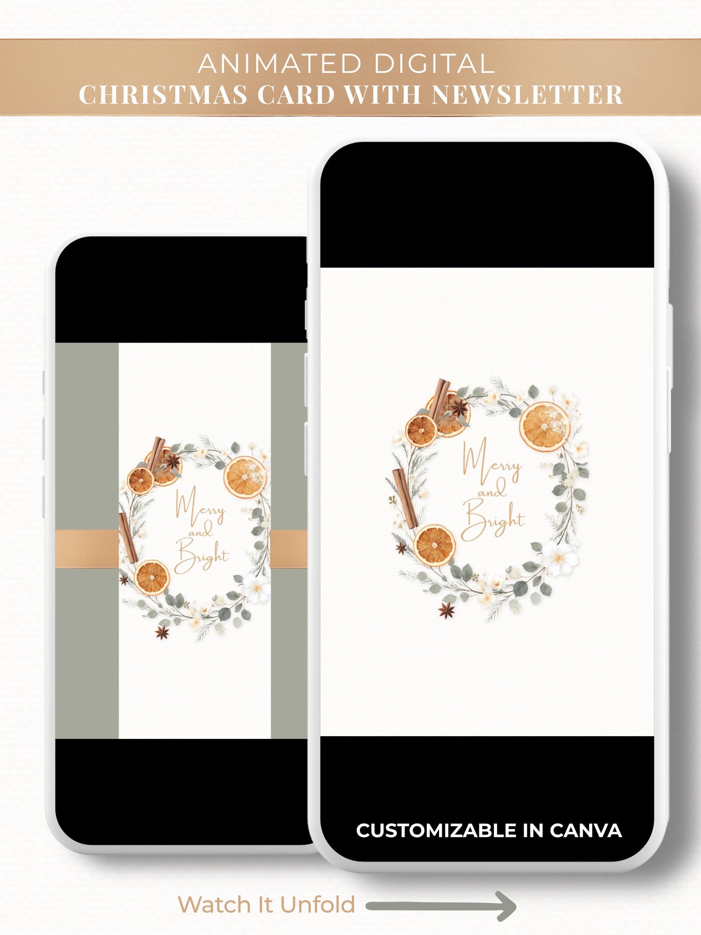 Merry and bright botanical orange wreath animated digital Christmas card. Editable in canva with a customizable family newsletter and photo update.