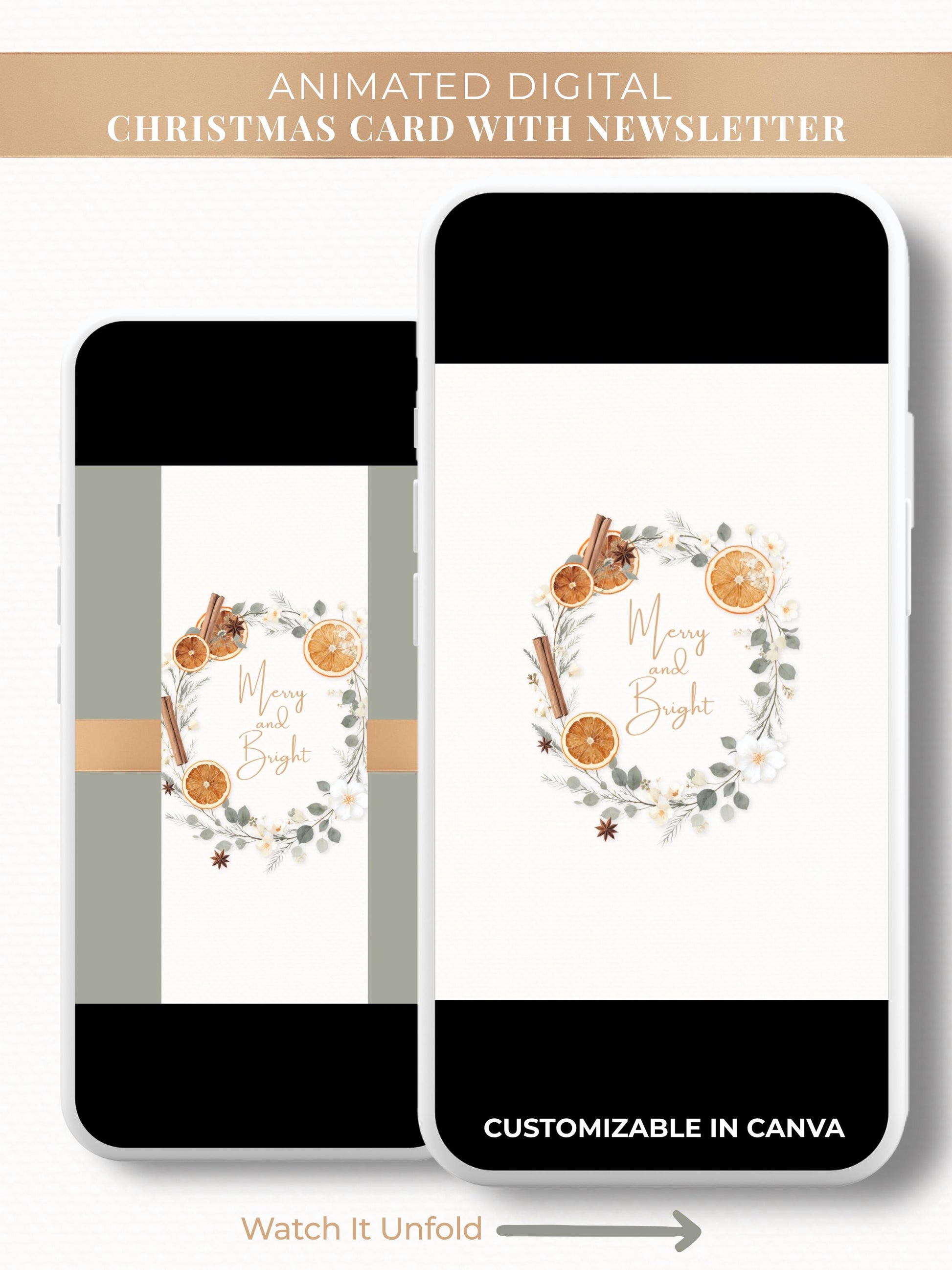 Merry and bright botanical orange wreath animated digital Christmas card. Editable in canva with a customizable family newsletter and photo update.