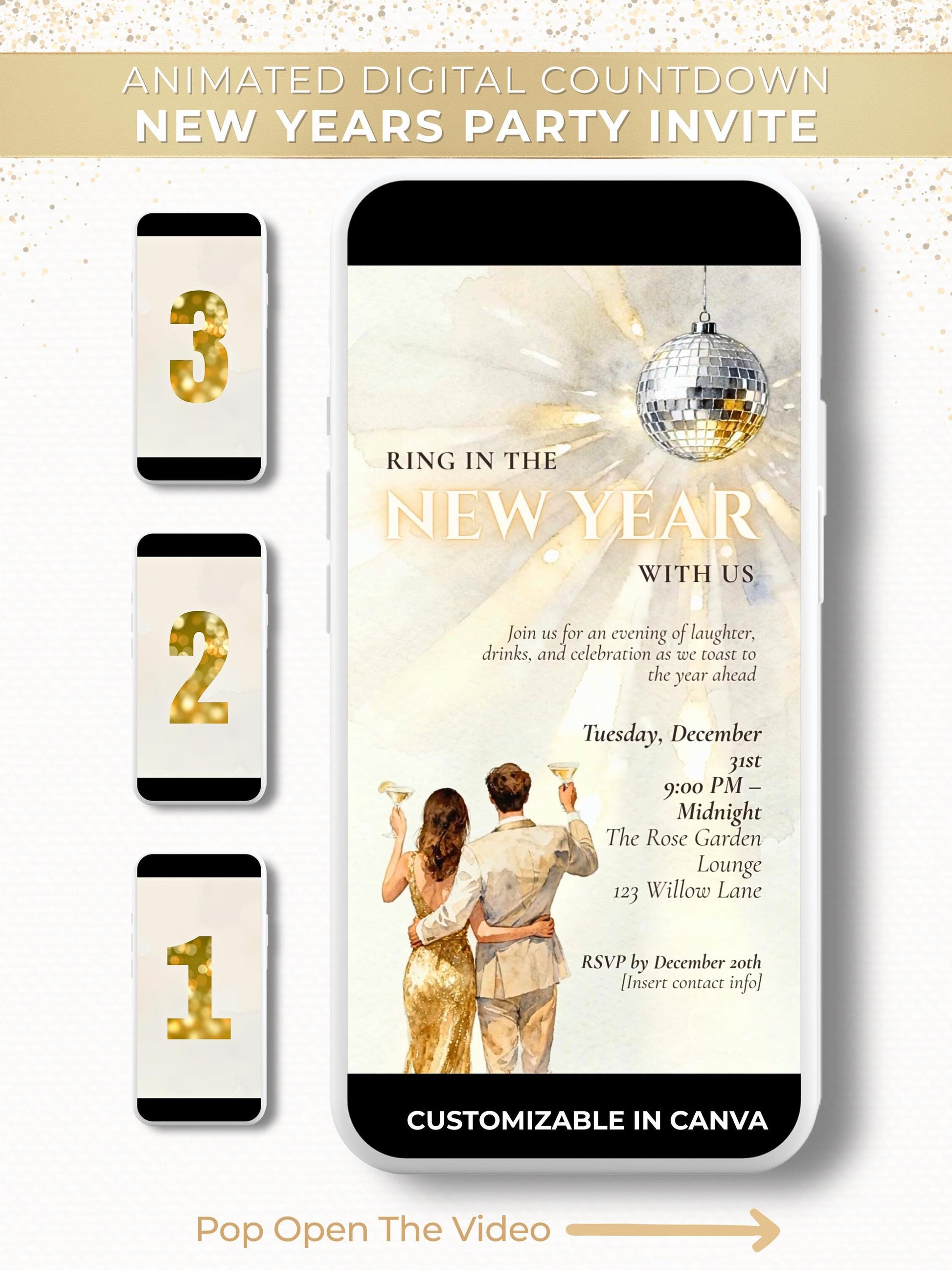 Animated digital New Year’s Eve party invitation featuring a countdown with numbers 3, 2, 1 and a customizable event design on a smartphone screen. Elegant gold and white theme with a spinning disco ball and champagne toast animation