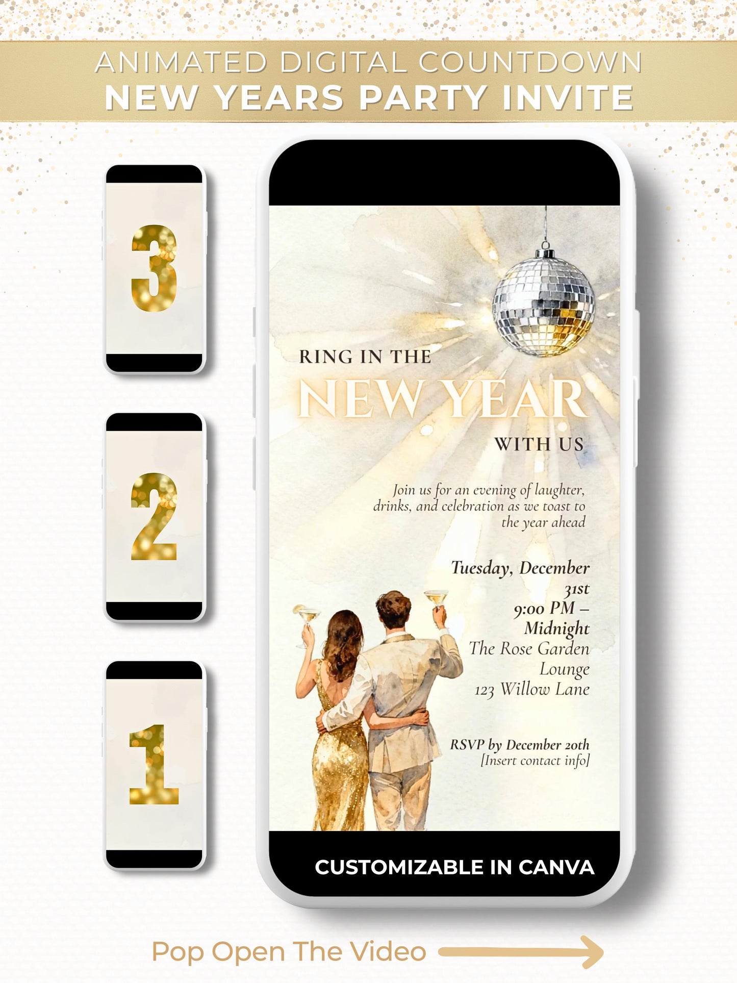 Animated digital New Year’s Eve party invitation featuring a countdown with numbers 3, 2, 1 and a customizable event design on a smartphone screen. Elegant gold and white theme with a spinning disco ball and champagne toast animation