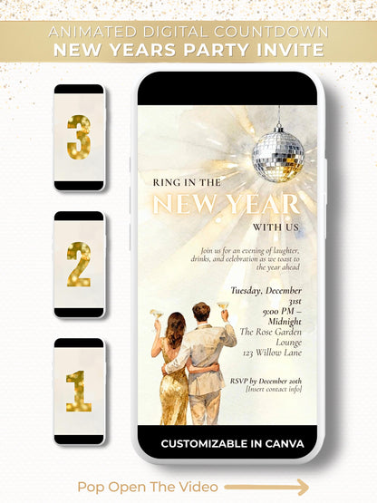 Animated digital New Year’s Eve party invitation featuring a countdown with numbers 3, 2, 1 and a customizable event design on a smartphone screen. Elegant gold and white theme with a spinning disco ball and champagne toast animation
