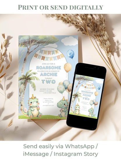 2nd Birthday Dinosaur Invitation- Dino Themed (Editable Canva Template Instant Download) -Kids Birthday Party