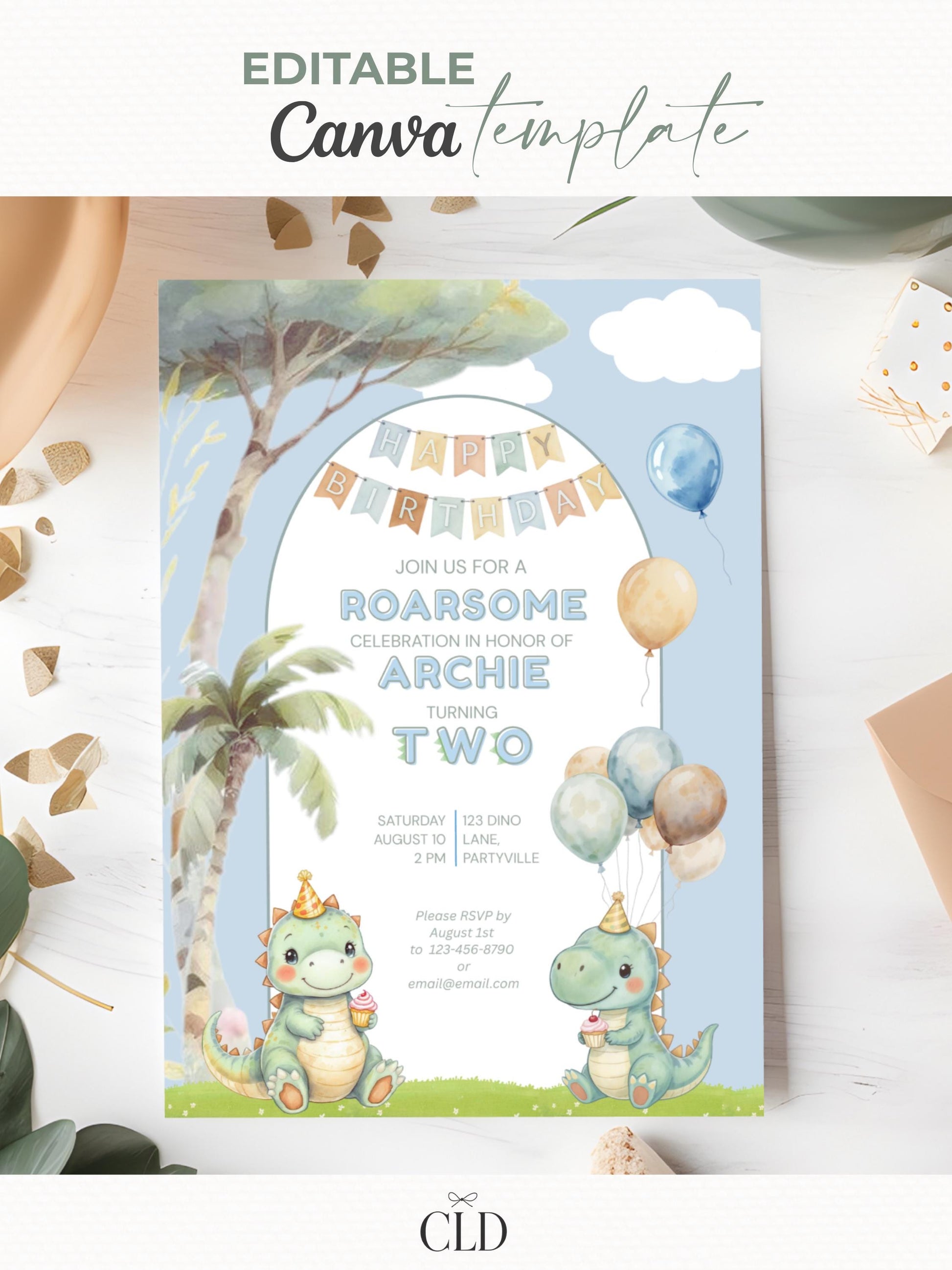 2nd Birthday Dinosaur Invitation- Dino Themed (Editable Canva Template Instant Download) -Kids Birthday Party