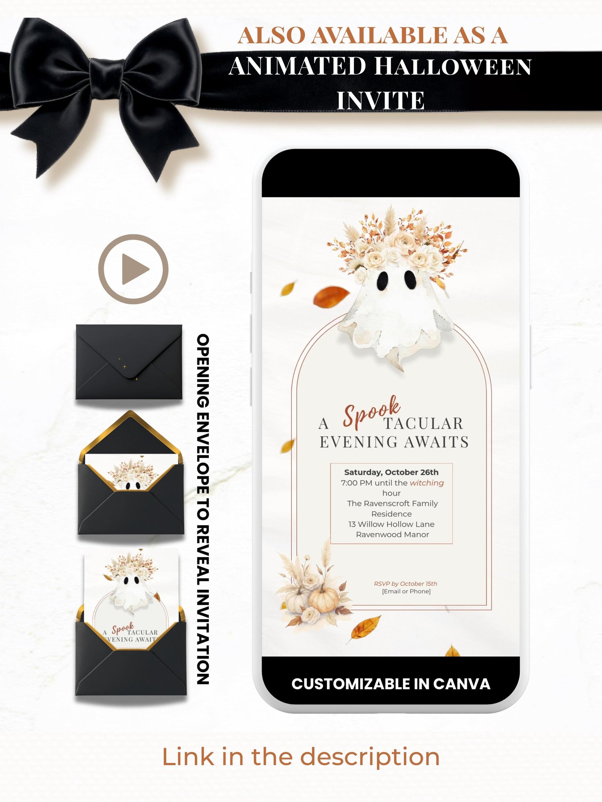 Halloween Party Invitation Template: Elegant Boho Ghost & Pumpkin (Instant Downloadable Canva Template 5x7" )