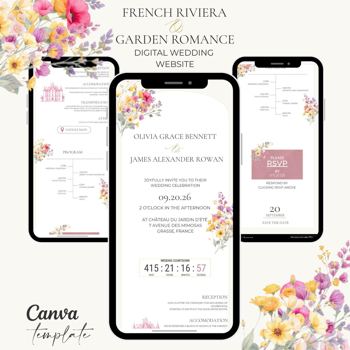 Digital Wedding Website Template Watercolor Floral Design Custom Wedding Platform Mobile Responsive Layout Online Guest Management System Wedding Planning Tools Timeline Features Elegant Invitation Design Customizable Color Scheme Beautiful