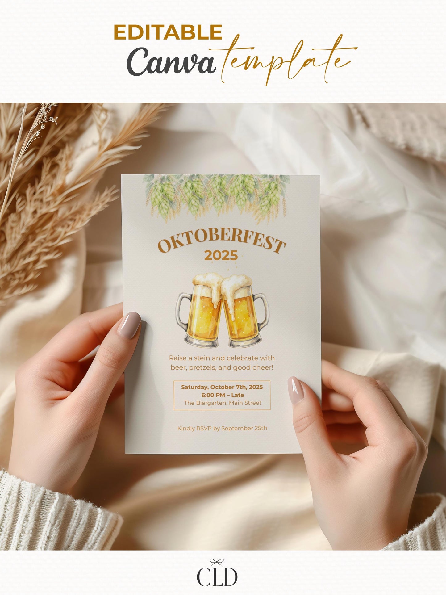 Printable Oktoberfest Invitation - Beer Party Invite with Watercolor Mugs & Hops (Customizable digital Editable Canva Template)