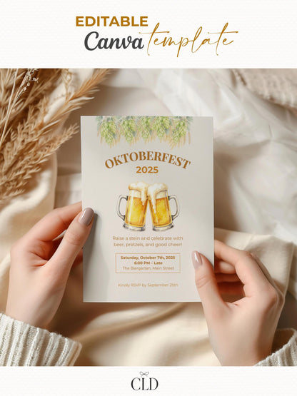 Printable Oktoberfest Invitation - Beer Party Invite with Watercolor Mugs & Hops (Customizable digital Editable Canva Template)