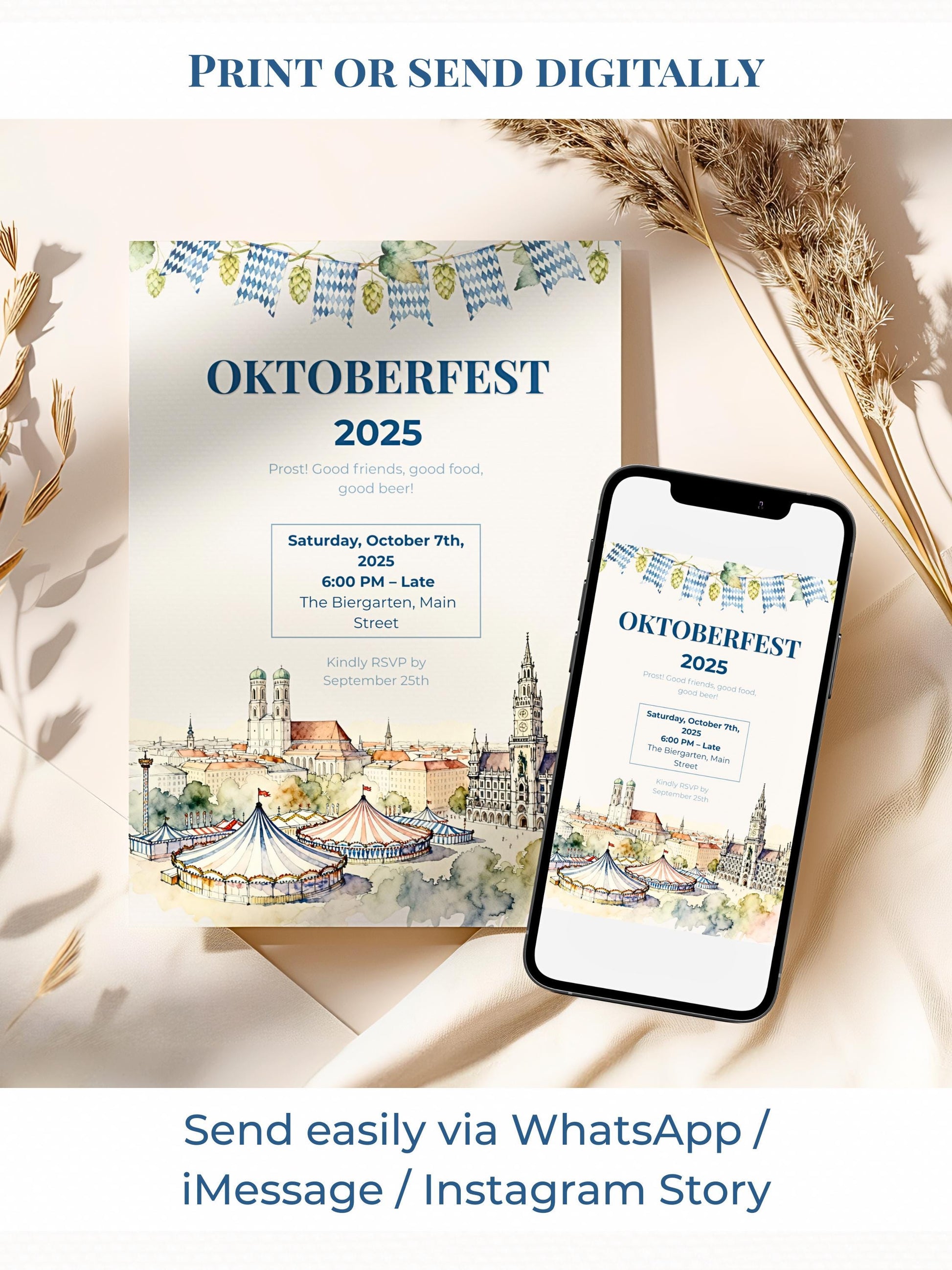 Oktoberfest Invite, Beer Festival Party Invitation, Editable Template, Printable German Beer Celebration Evite, Canva Digital Download