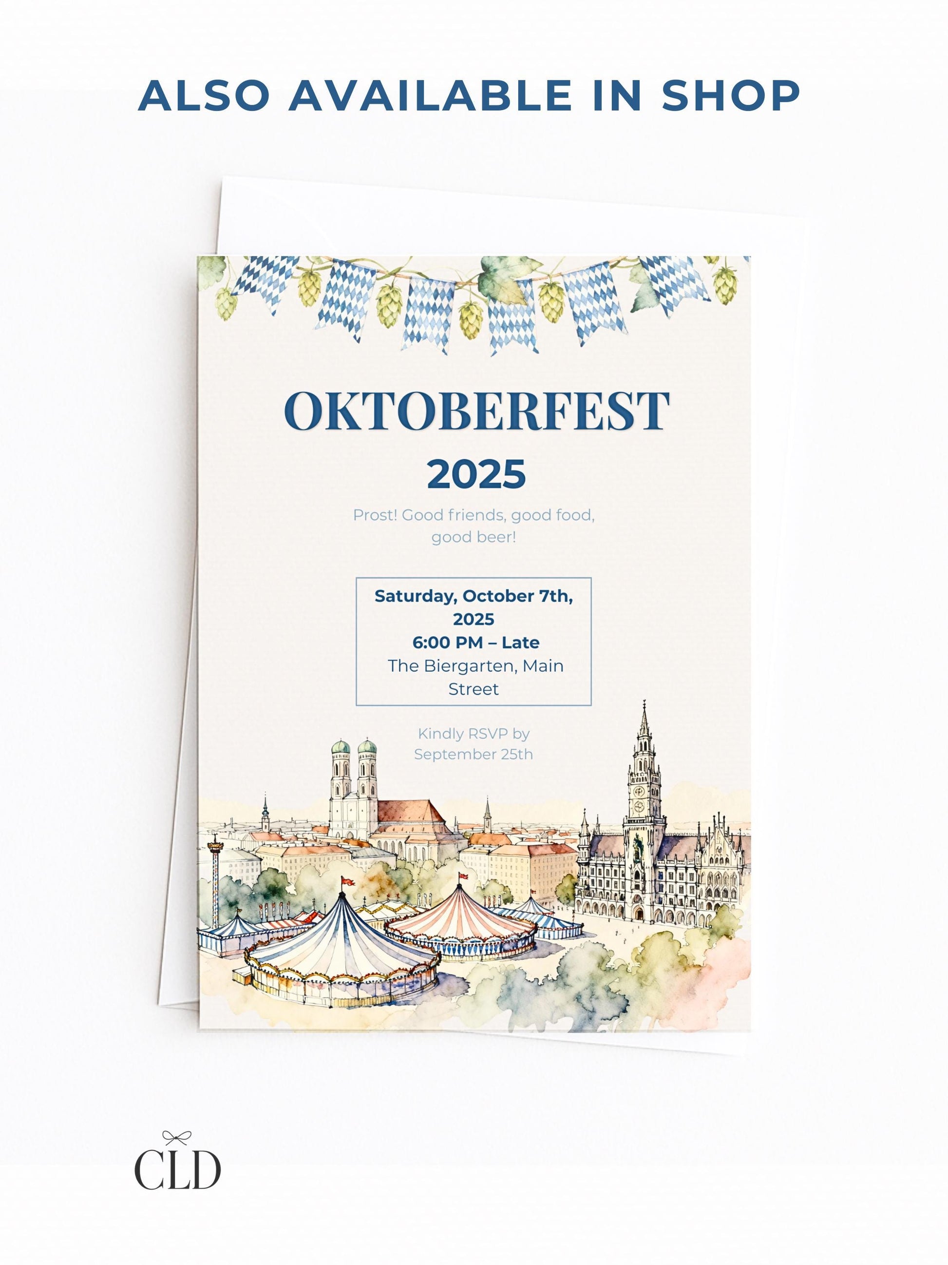Printable Oktoberfest Invitation - Beer Party Invite with Watercolor Mugs & Hops (Customizable digital Editable Canva Template)