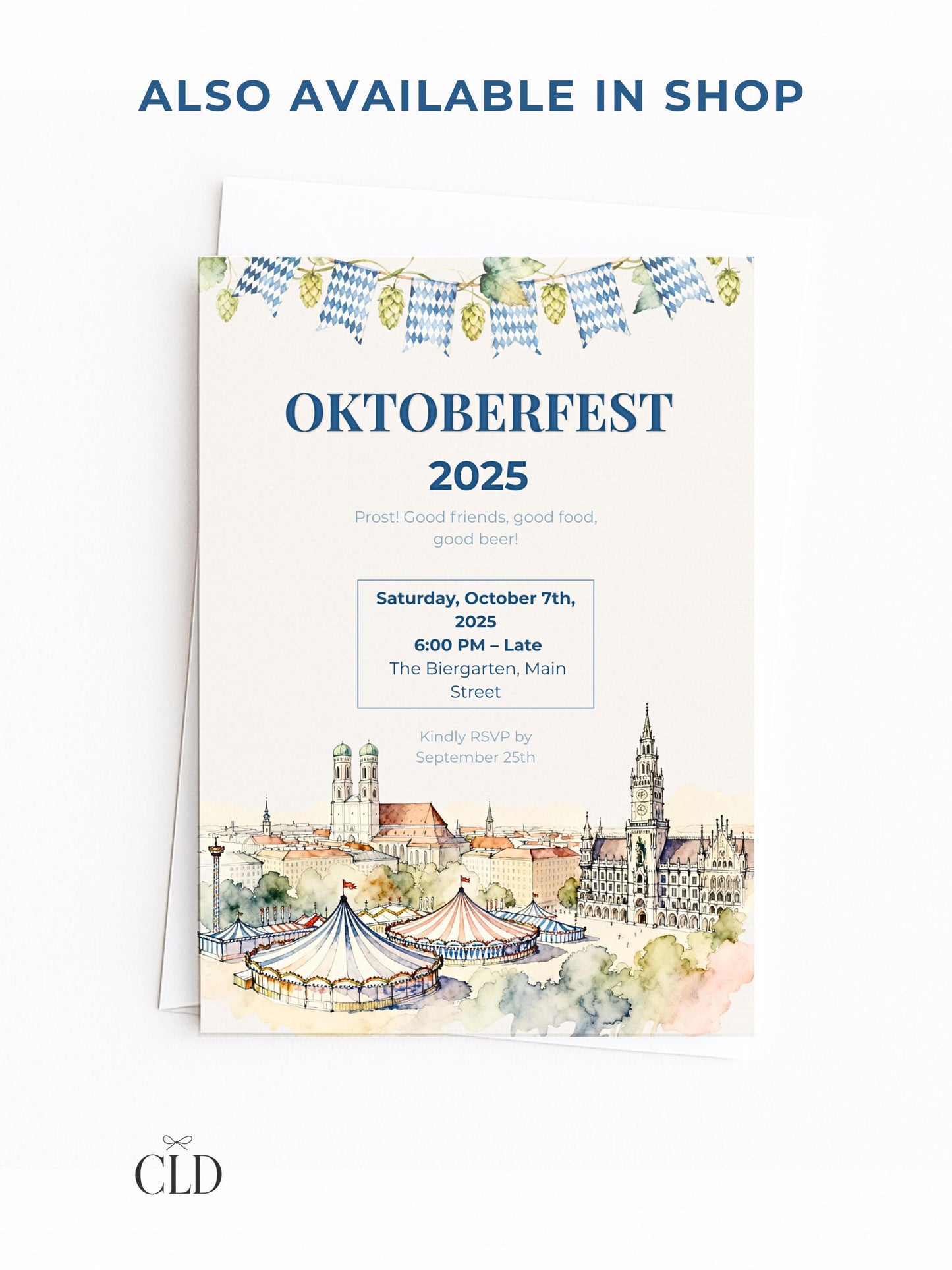 Printable Oktoberfest Invitation - Beer Party Invite with Watercolor Mugs & Hops (Customizable digital Editable Canva Template)