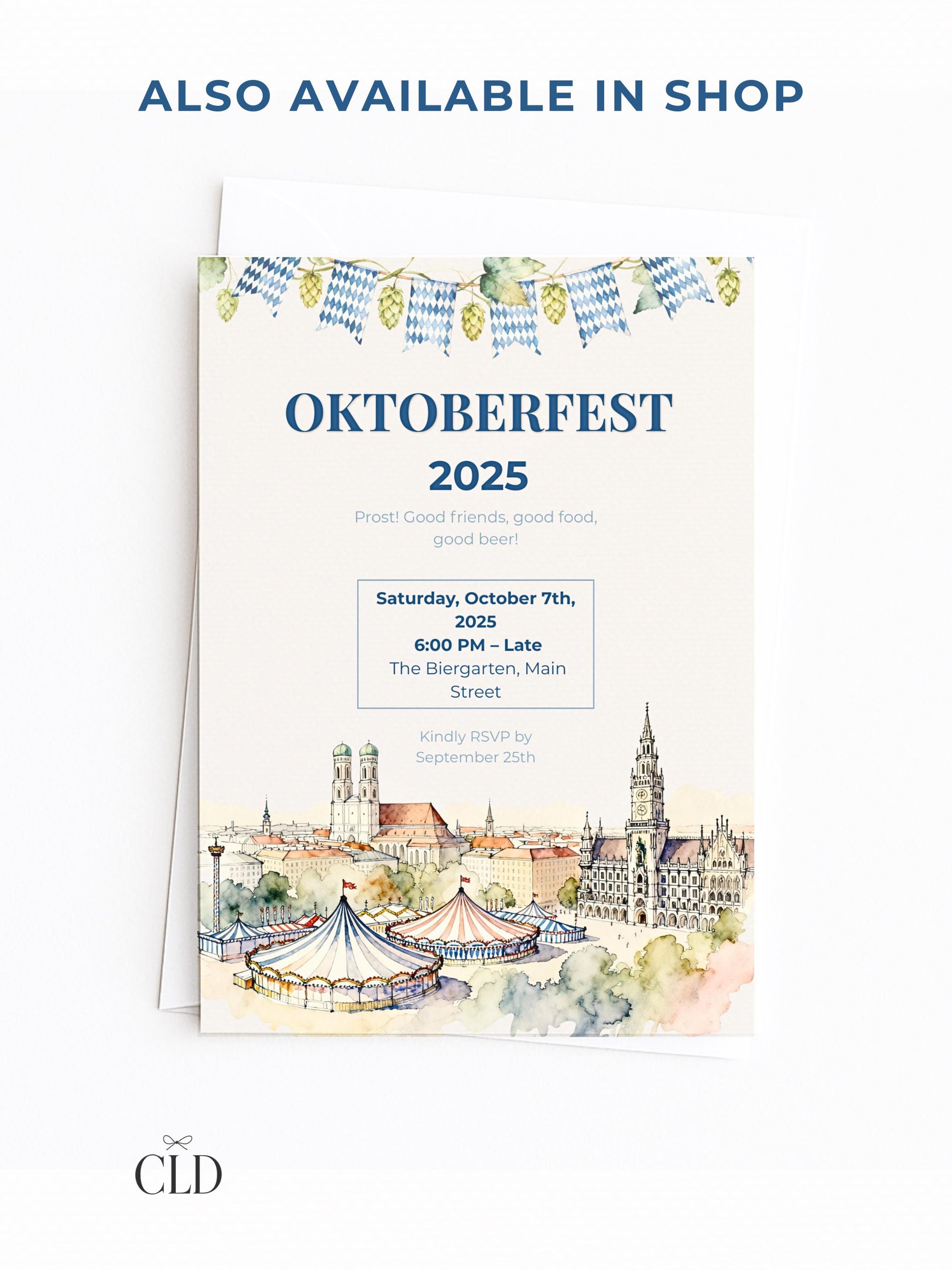 Printable Oktoberfest Invitation - Beer Party Invite with Watercolor Mugs & Hops (Customizable digital Editable Canva Template)