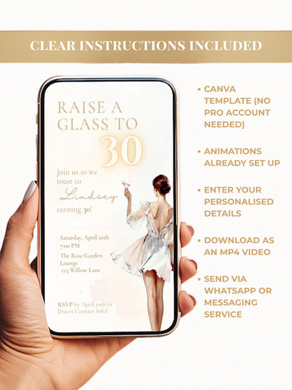 Animated 30th Birthday Invitation, Champagne Toast Digital Evite (Instant Download Editable Canva Template) Video Invite for WhatsApp/Text