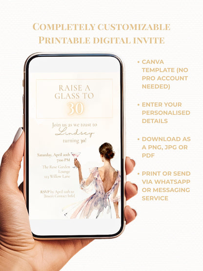 30th Birthday Invitation Template, Editable Digital Invite, Elegant Champagne Toast Party Printable (Instant Download Custom Canva Template)
