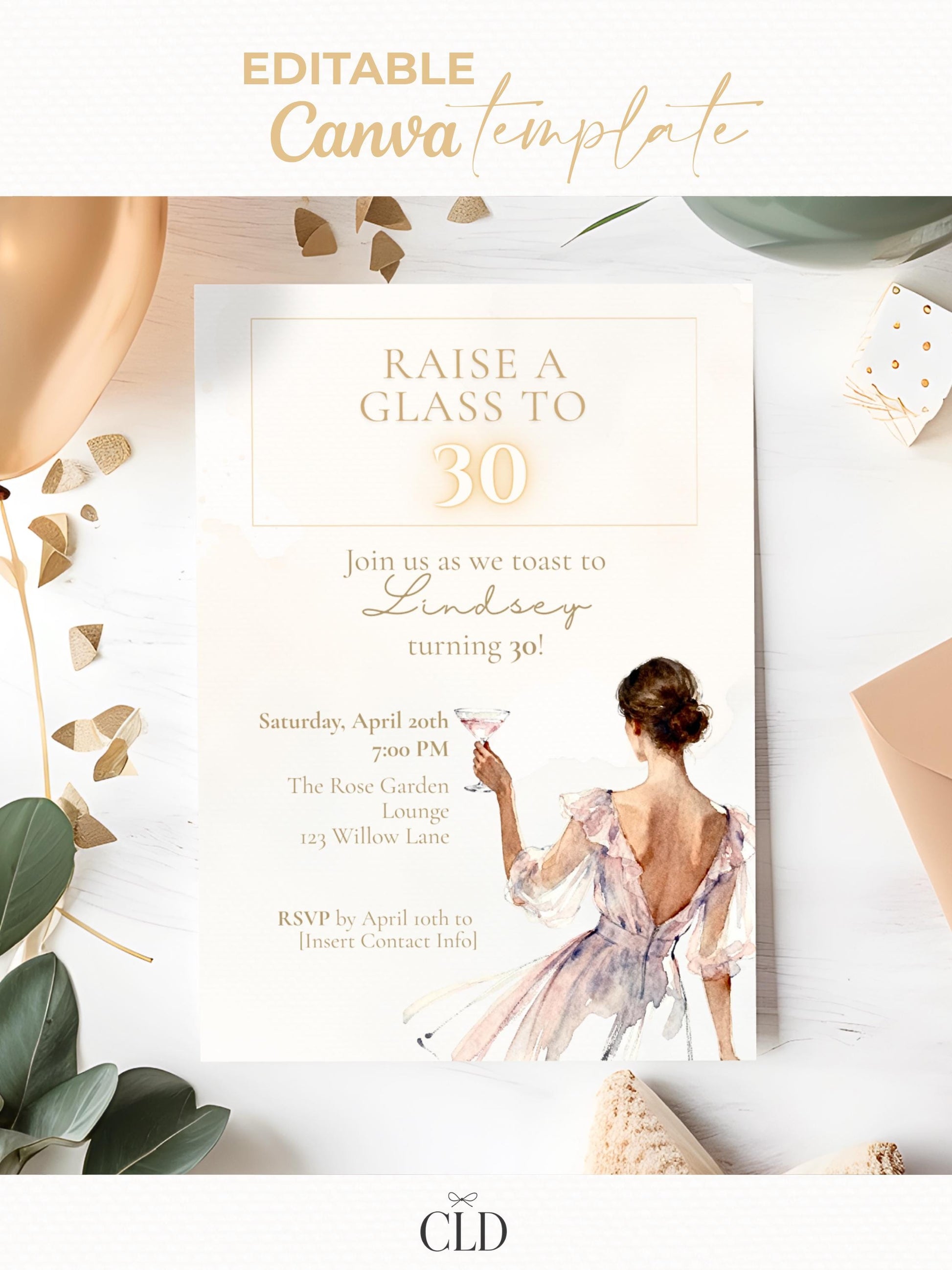 30th Birthday Invitation Template, Editable Digital Invite, Elegant Champagne Toast Party Printable (Instant Download Custom Canva Template)