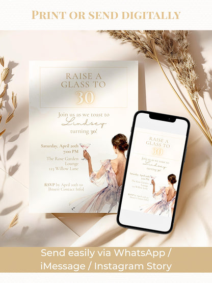 30th Birthday Invitation Template, Editable Digital Invite, Elegant Champagne Toast Party Printable (Instant Download Custom Canva Template)